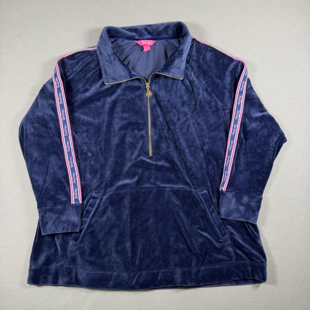 Lilly Pulitzer Navy Blue Velour Quarter Zip Pullover Logo Tape XXL